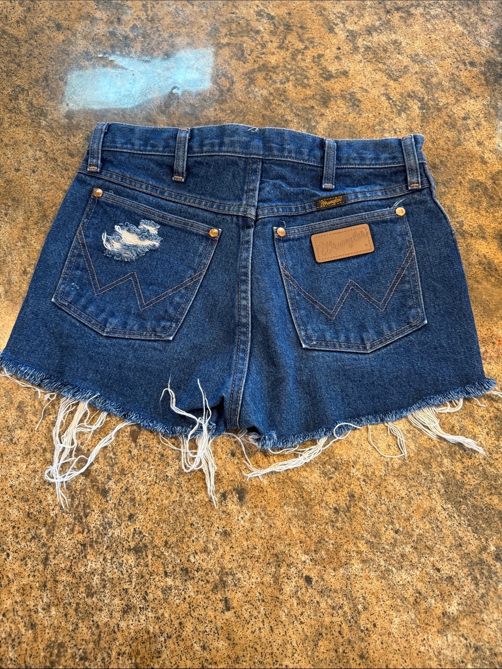 Wrangler Dark Blue Distressed Denim custom Cutoff Shorts - Picture 3 of 7